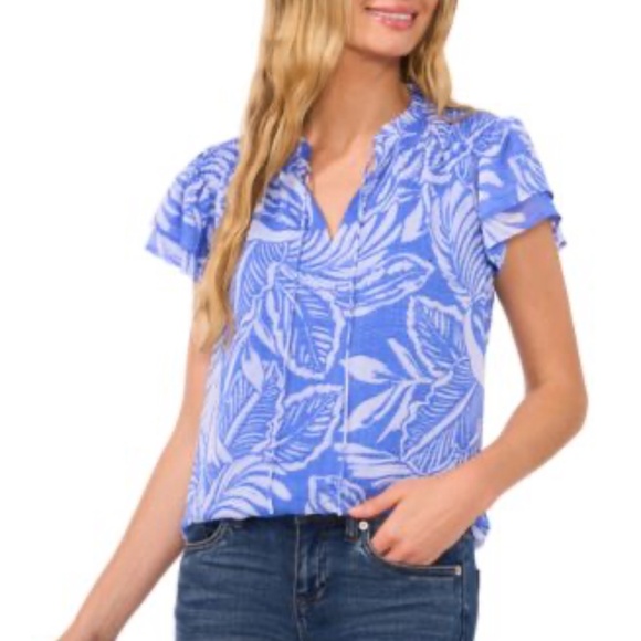 CeCe Blue Tropical Leaf Print Flutter Sleeve Blouse – Size XL - Picture 2 of 4